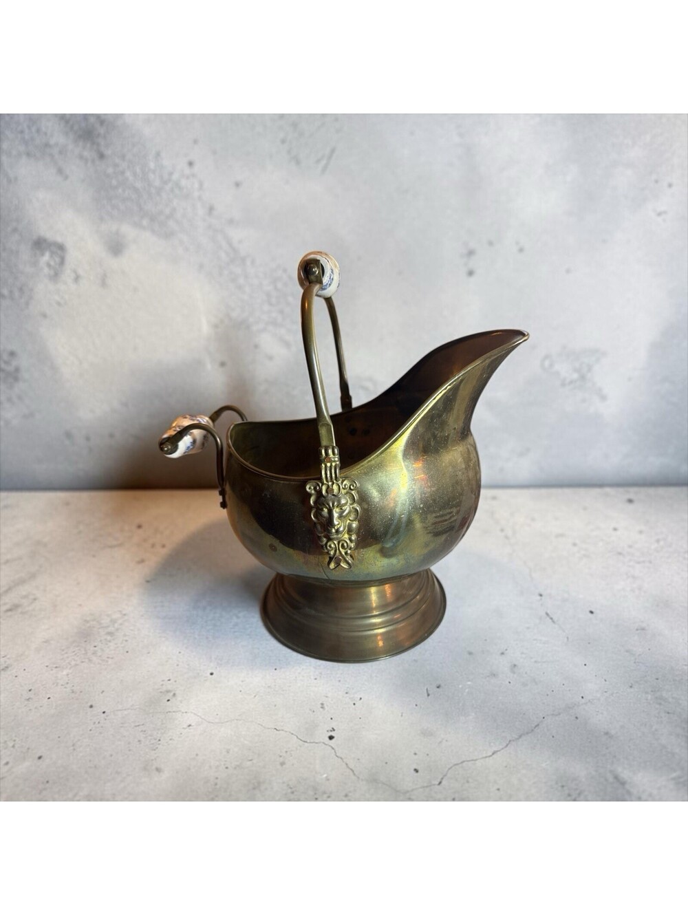 Brass Coal Scuttle with blue/white Wood Handles 10.75"H